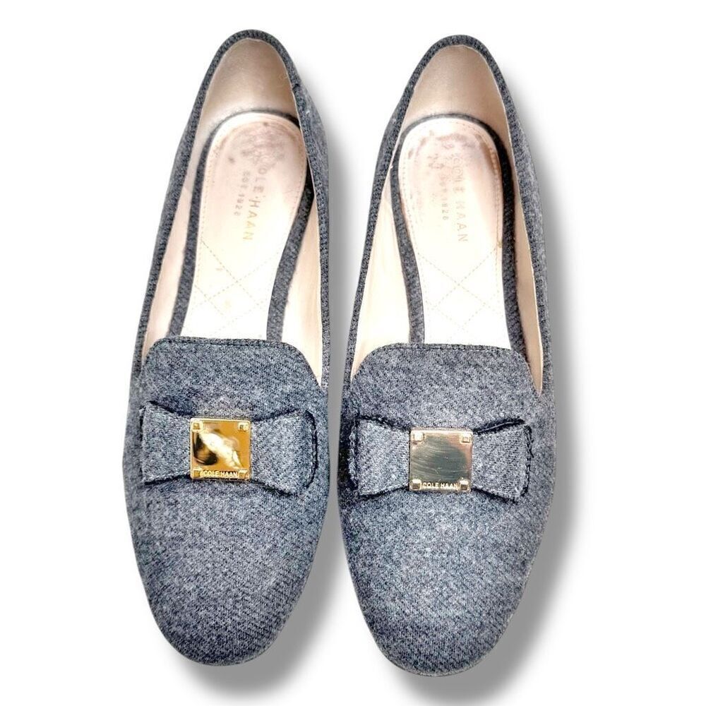 Cole Haan Grey Wool Fabric Bow Gold Logo Flat Loafer Flats Women’s Size 7 B